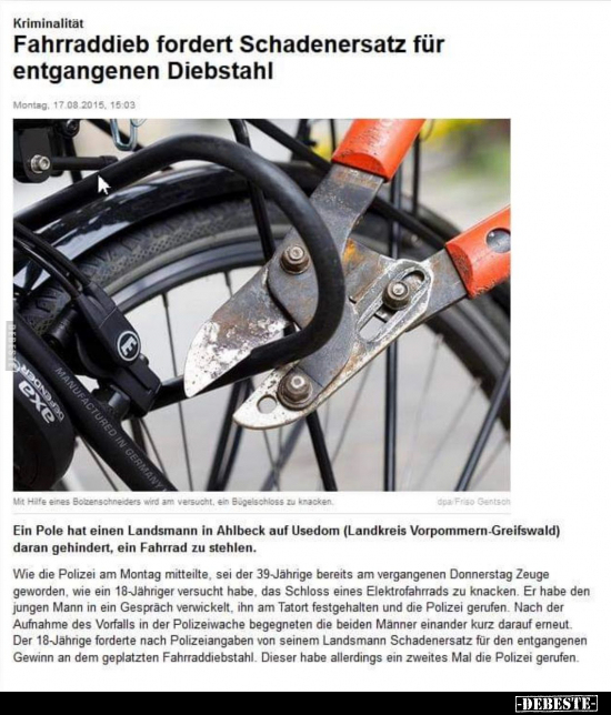 Fahrraddieb fordert Schadenersatz für entgangenen.. - Lustige Bilder | DEBESTE.de