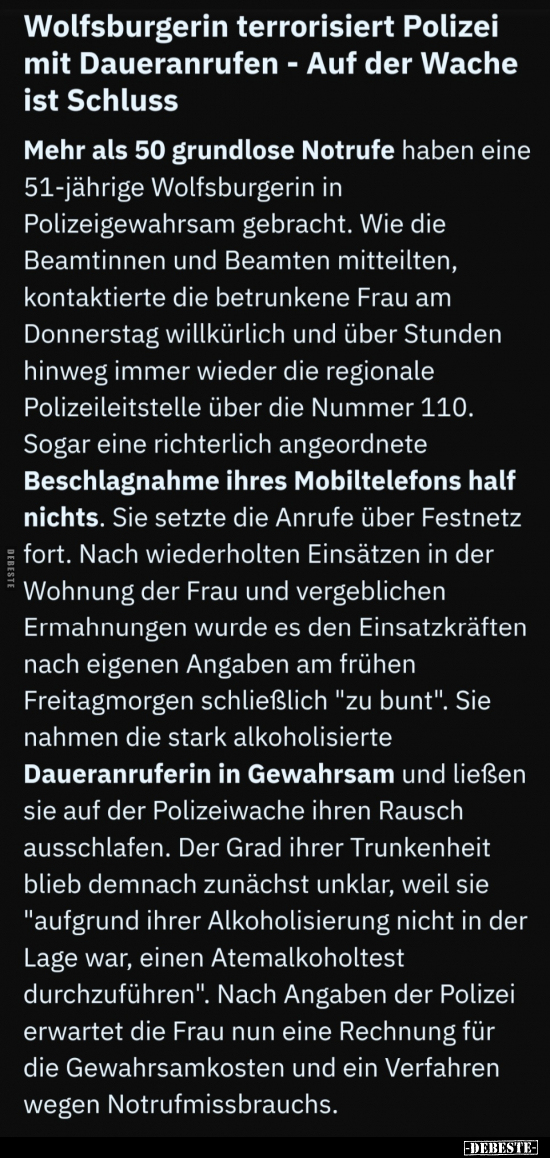 Wolfsburgerin terrorisiert Polizei mit Daueranrufen.. - Lustige Bilder | DEBESTE.de
