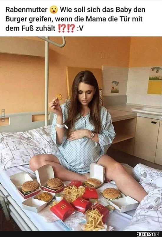 Rabenmutter.. Wie soll sich das Baby den Burger greifen.. - Lustige Bilder | DEBESTE.de