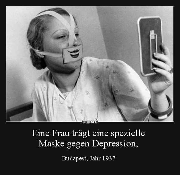 Eine Frau trägt eine spezielle Maske gegen Depression.. - Lustige Bilder | DEBESTE.de