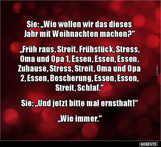 Sie: „Wie wollen wir das dieses Jahr mit Weihnachten.. - Lustige Bilder | DEBESTE.de