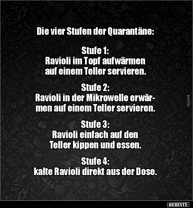 Die vier Stufen der Quarantäne: Stufe 1: Ravioli im.. - Lustige Bilder | DEBESTE.de
