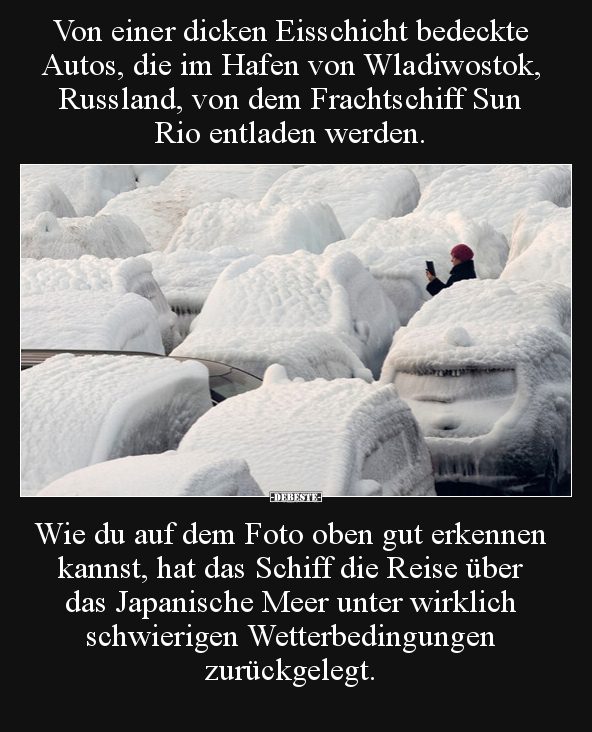 Von einer dicken Eisschicht bedeckte Autos, die im Hafen.. - Lustige Bilder | DEBESTE.de