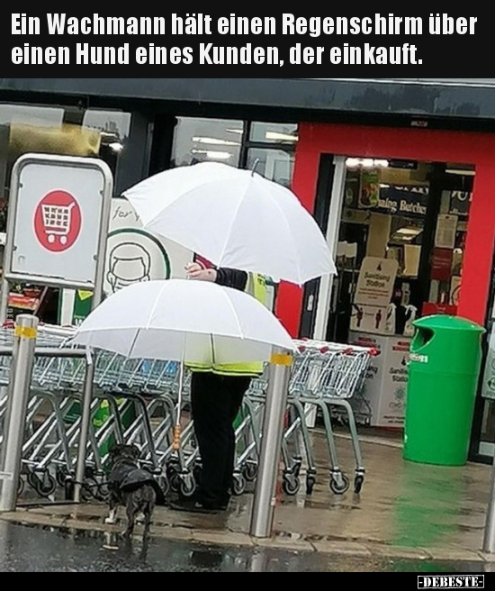 Ein Wachmann hält einen Regenschirm über einen Hund eines.. - Lustige Bilder | DEBESTE.de