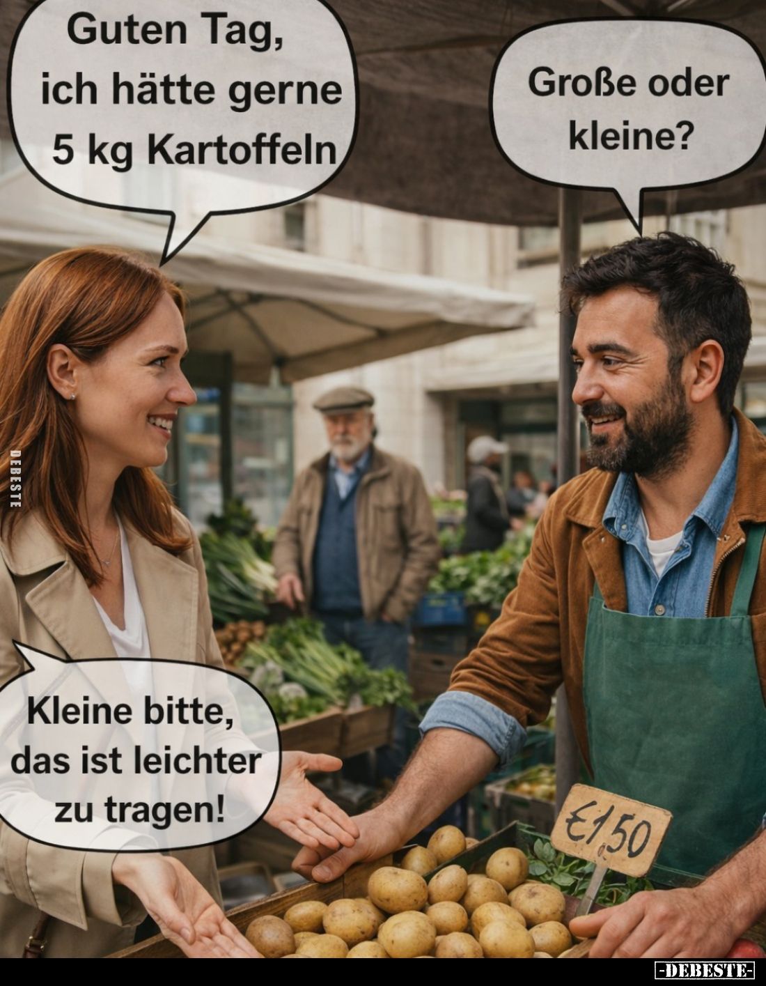 Guten Tag, ich hätte gerne 5 kg Kartoffeln. -
Große oder kleine? - Kleine bitte, das ist leichter zu tragen!