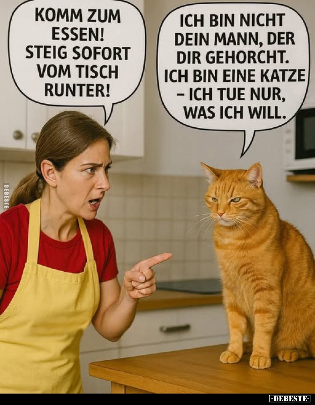 Komm zum Essen! Steig sofort vom Tisch runter! -
Ich bin nicht dein Mann, der dir gehorcht. Ich bin eine Katze - ich tue nur...