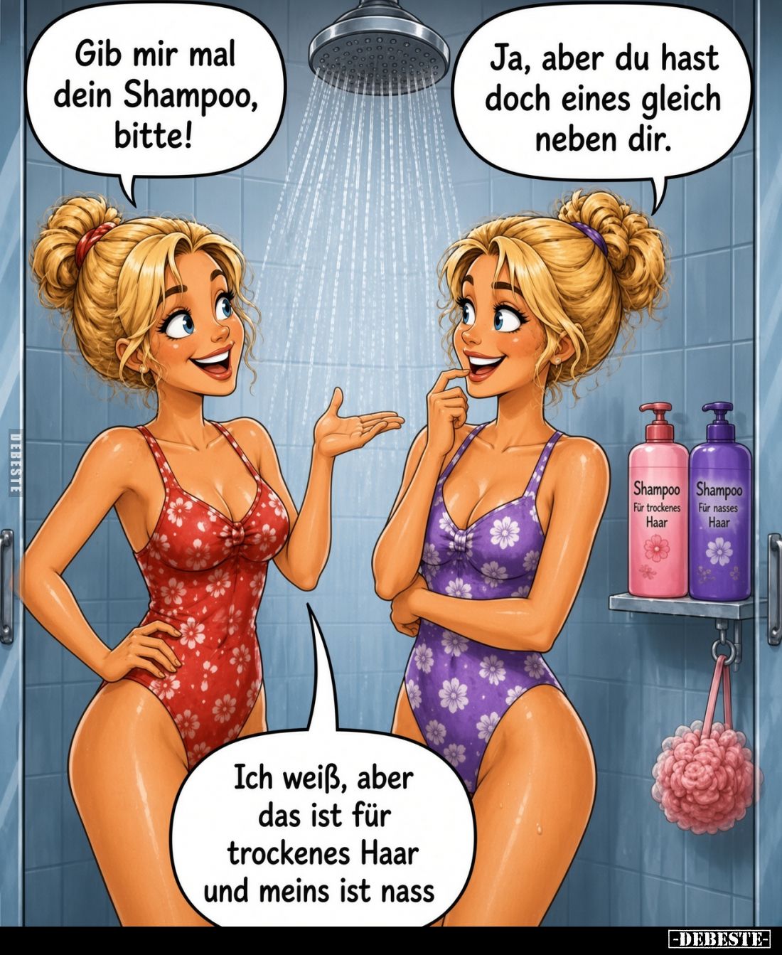 Gib mir mal dein Shampoo, bitte!

Ja, aber du hast doch eines gleich neben dir.

Ich weiß, aber das ist für trockenes Haa...