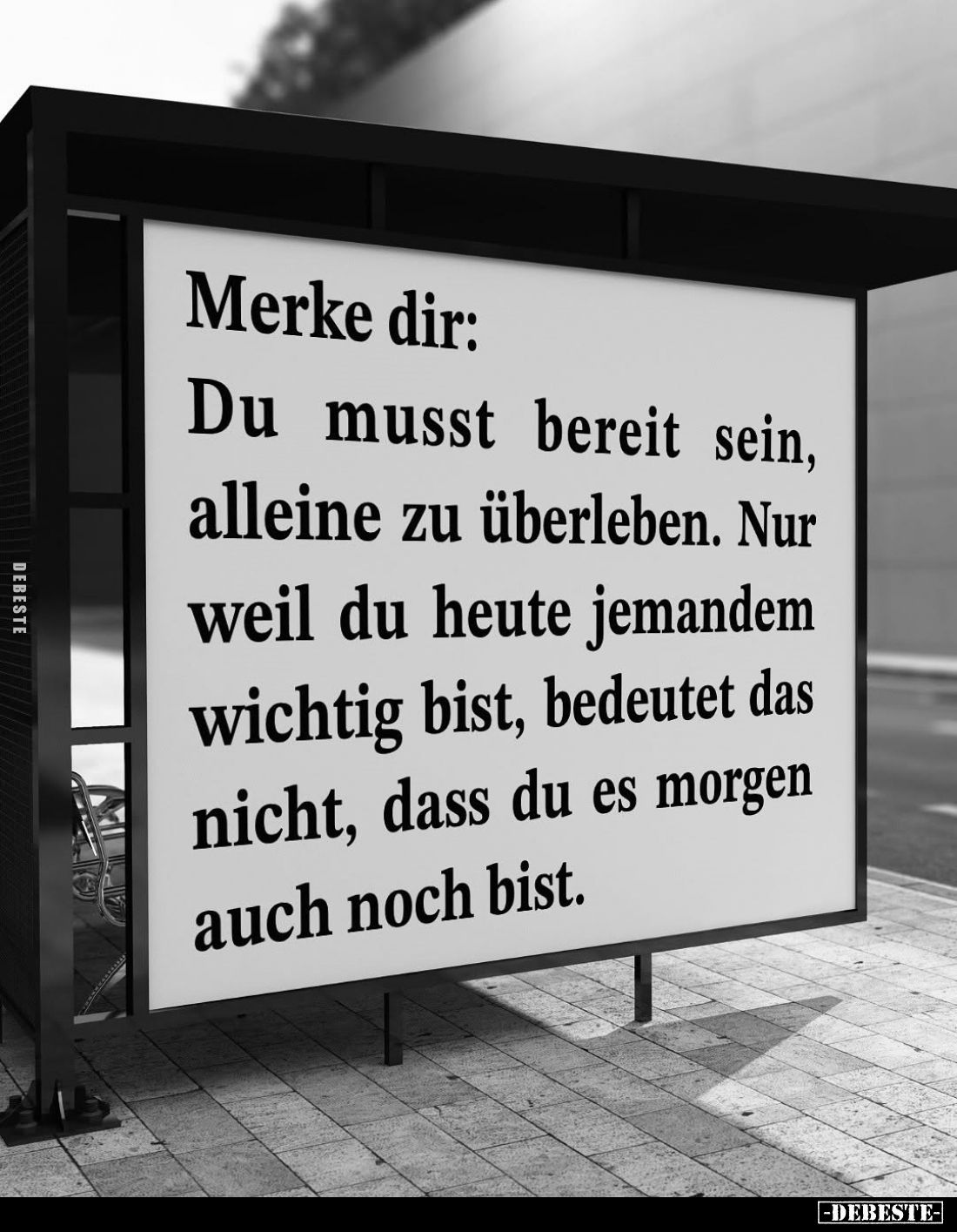Merke dir:
Du musst bereit sein, alleine zu überleben. Nur weil du heute jemandem wichtig bist, bedeutet das nicht, dass du ...