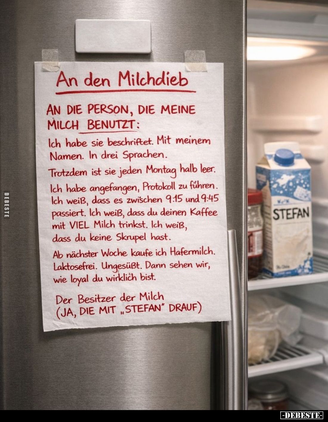 An den Milchdieb
AN DIE PERSON, DIE MEINE MILCH BENUTZT:
Ich habe sie beschriftet. Mit meinem Namen. In drei Sprachen.
Tro...