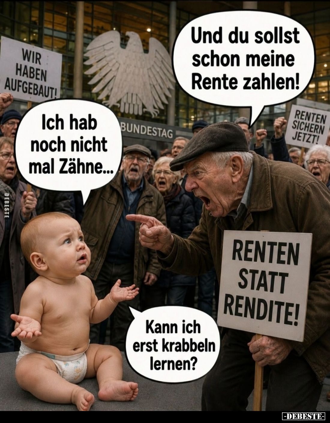 Und du sollst schon meine Rente zahlen! - Ich hab noch nicht mal Zähne... - Kann ich erst krabbeln lernen?