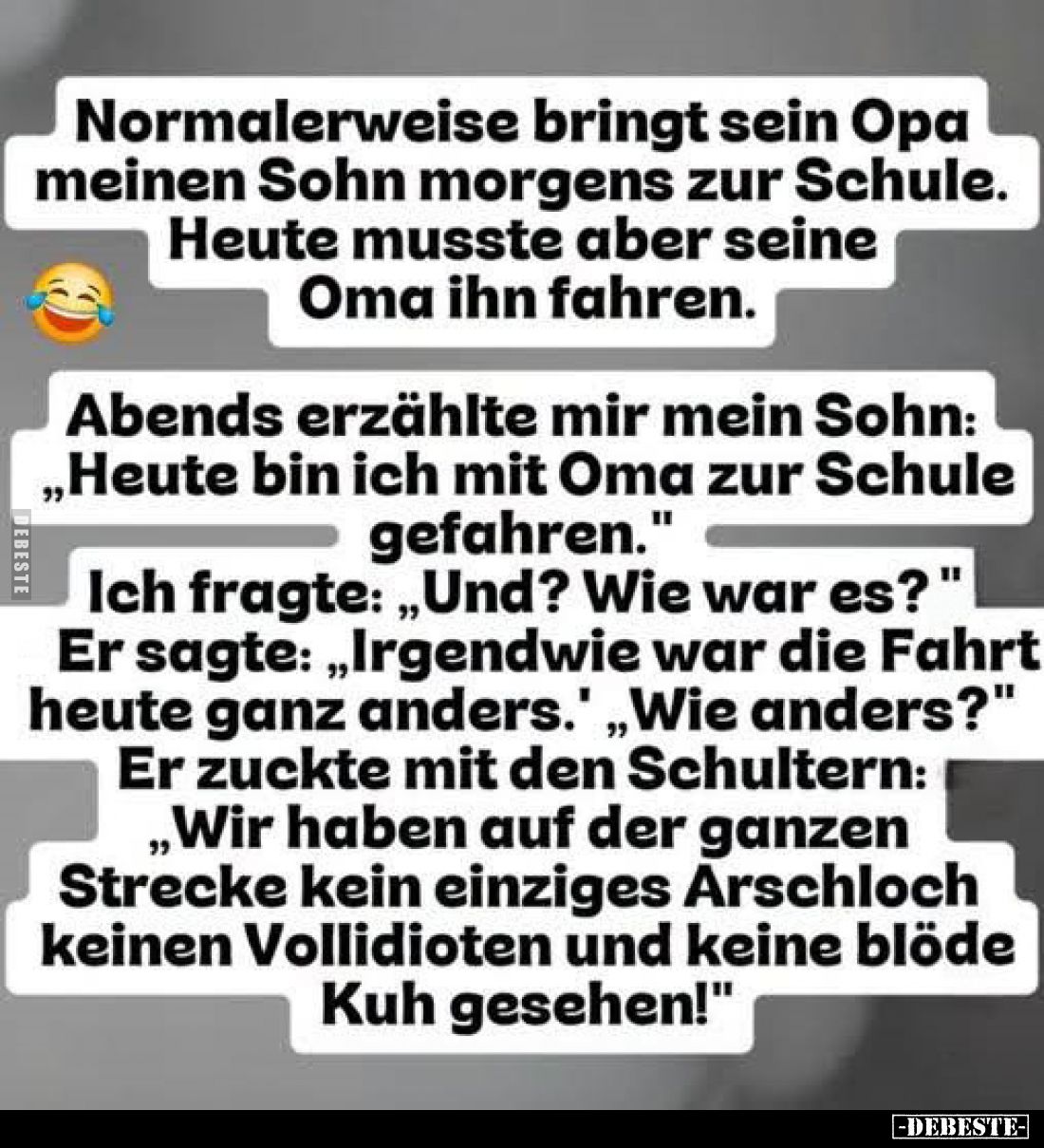 Normalerweise bringt sein Opa meinen Sohn morgens zur Schule. Heute musste aber seine Oma ihn fahren. Abends erzählte mir mei...