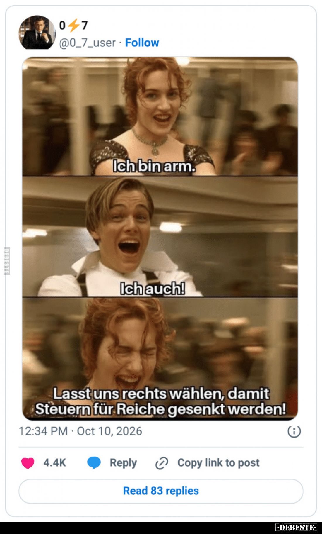 Ich bin arm.
Ich auch!
Lasst uns rechts wählen, damit Steuern für Reiche gesenkt werden!