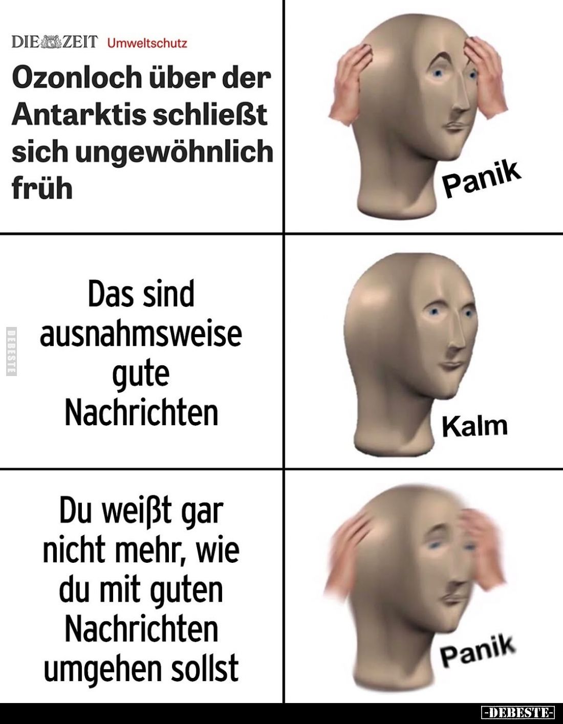 Ozonloch über der Antarktis schließt sich ungewöhnlich früh
-
Panik
-
Das sind ausnahmsweise gute Nachrichten
-
Kalm
-...