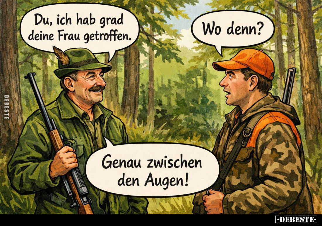 Du, ich hab grad deine Frau getroffen. -
Wo denn?
-
Genau zwischen den Augen!
