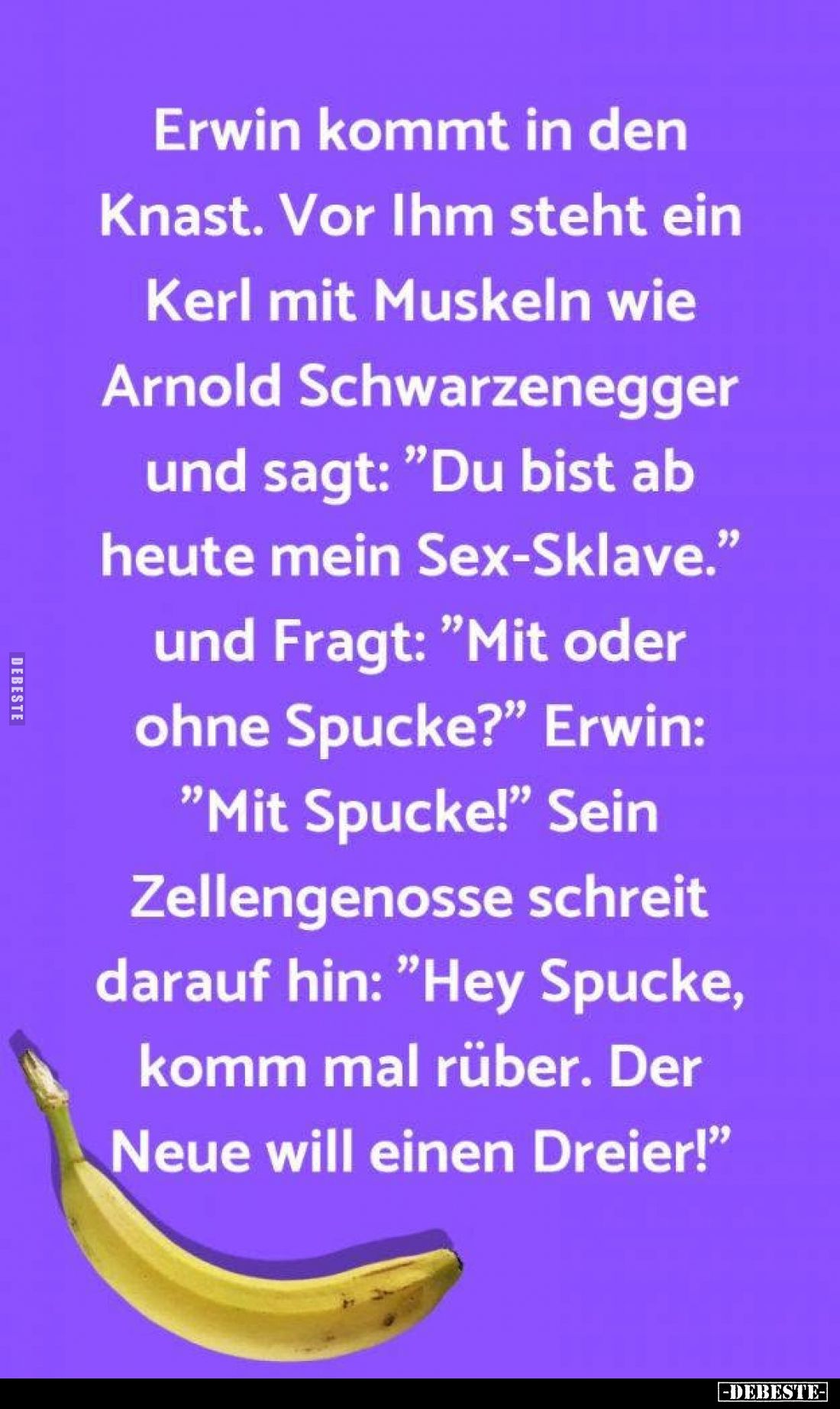 Erwin kommt in den Knast. Vor Ihm steht ein Kerl mit Muskeln wie Arnold Schwarzenegger und sagt: "Du bist ab heute mein ...