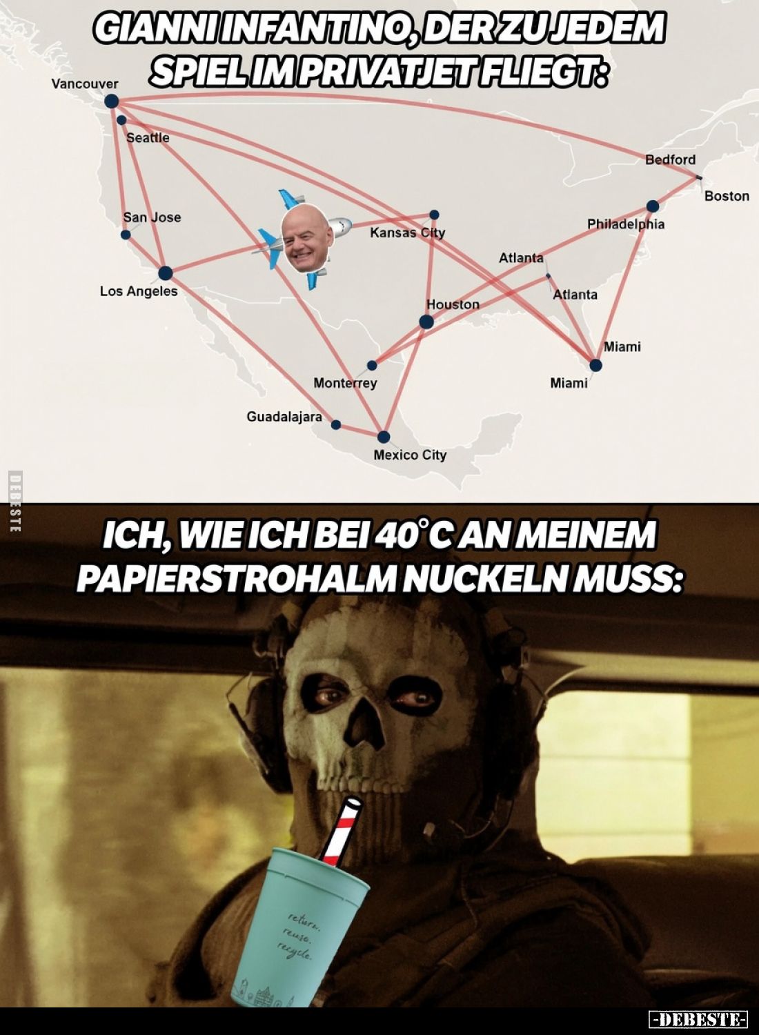 Gianni Infantino, der zu jedem Spiel im Privatjet fliegt:
Ich, wie ich bei 40°C an meinem Papierstrohhalm nuckeln muss: