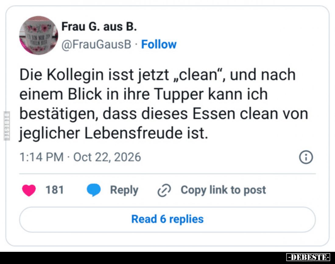 Die Kollegin isst jetzt „clean“, und nach einem Blick in ihre Tupper kann ich bestätigen, dass dieses Essen clean von jeglich...