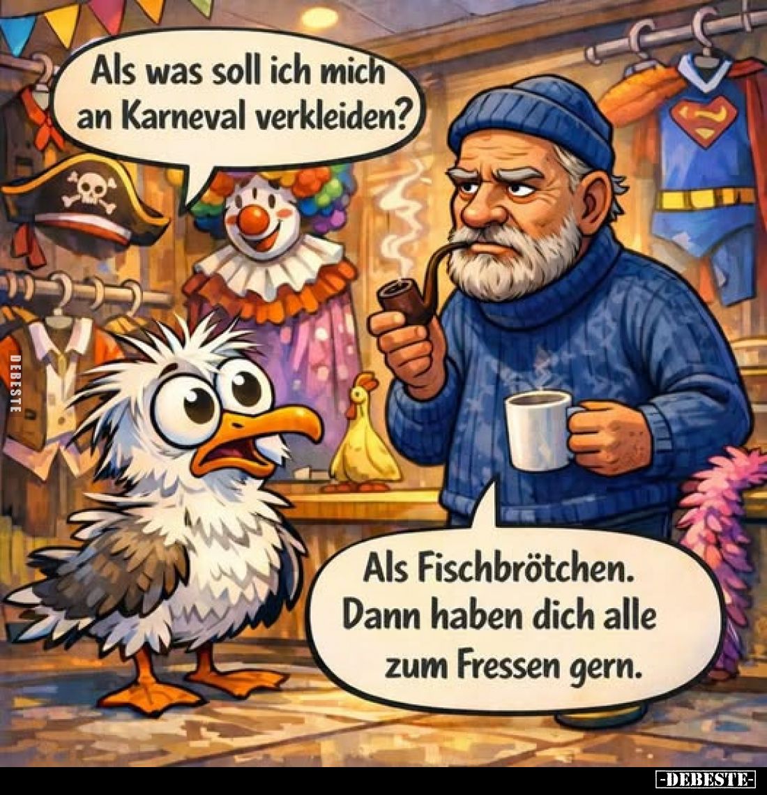Als was soll ich mich an Karneval verkleiden?
Als Fischbrötchen. Dann haben dich alle zum Fressen gern.
