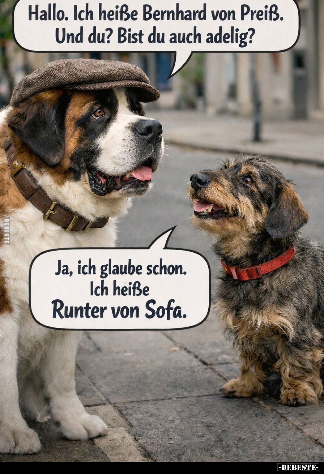 Hallo. Ich heiße Bernhard von Preiß. Und du? Bist du auch adelig? -
Ja, ich glaube schon. Ich heiße Runter von Sofa.