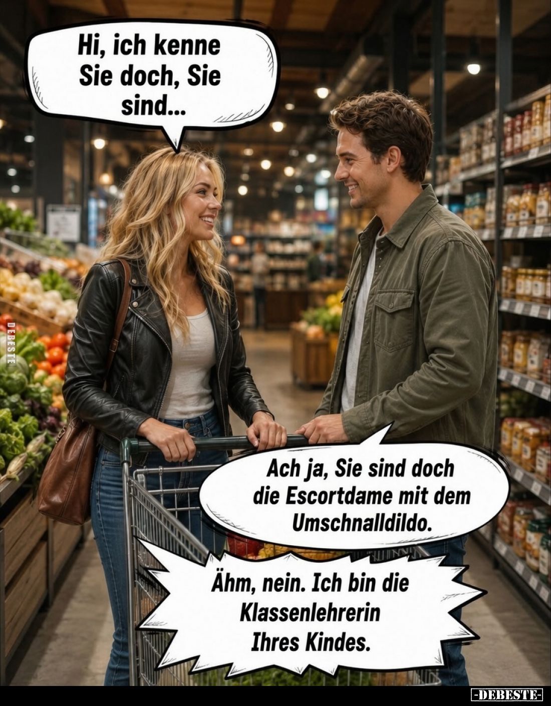 Hi, ich kenne Sie doch, Sie sind... -
Ach ja, Sie sind doch die Escortdame mit dem Umschalldildo. -
Ähm, nein. Ich bin die ...