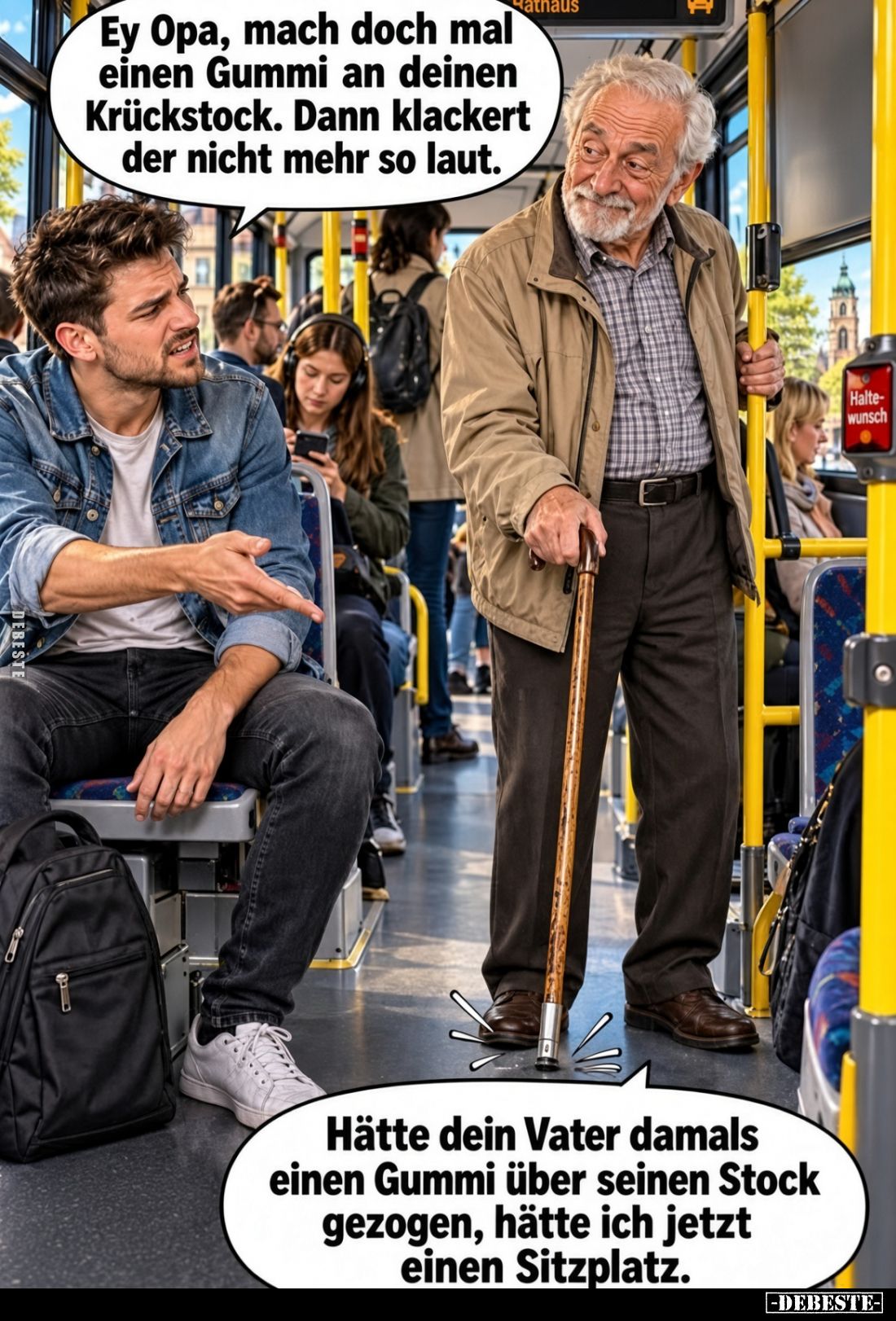 Ey Opa, mach doch mal einen Gummi an deinen Krückstock. Dann klackert der nicht mehr so laut. - Hätte dein Vater damals einen...