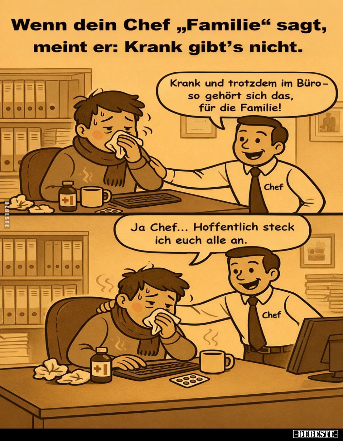 Wenn dein Chef „Familie“ sagt, meint er: Krank gibt's nicht.

Krank und trotzdem im Büro-so gehört sich das, für die Famili...