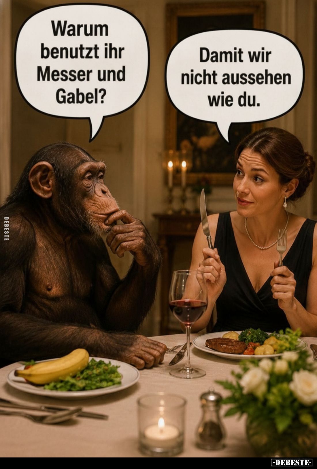 Warum benutzt ihr Messer und Gabel? Damit wir nicht aussehen wie du.