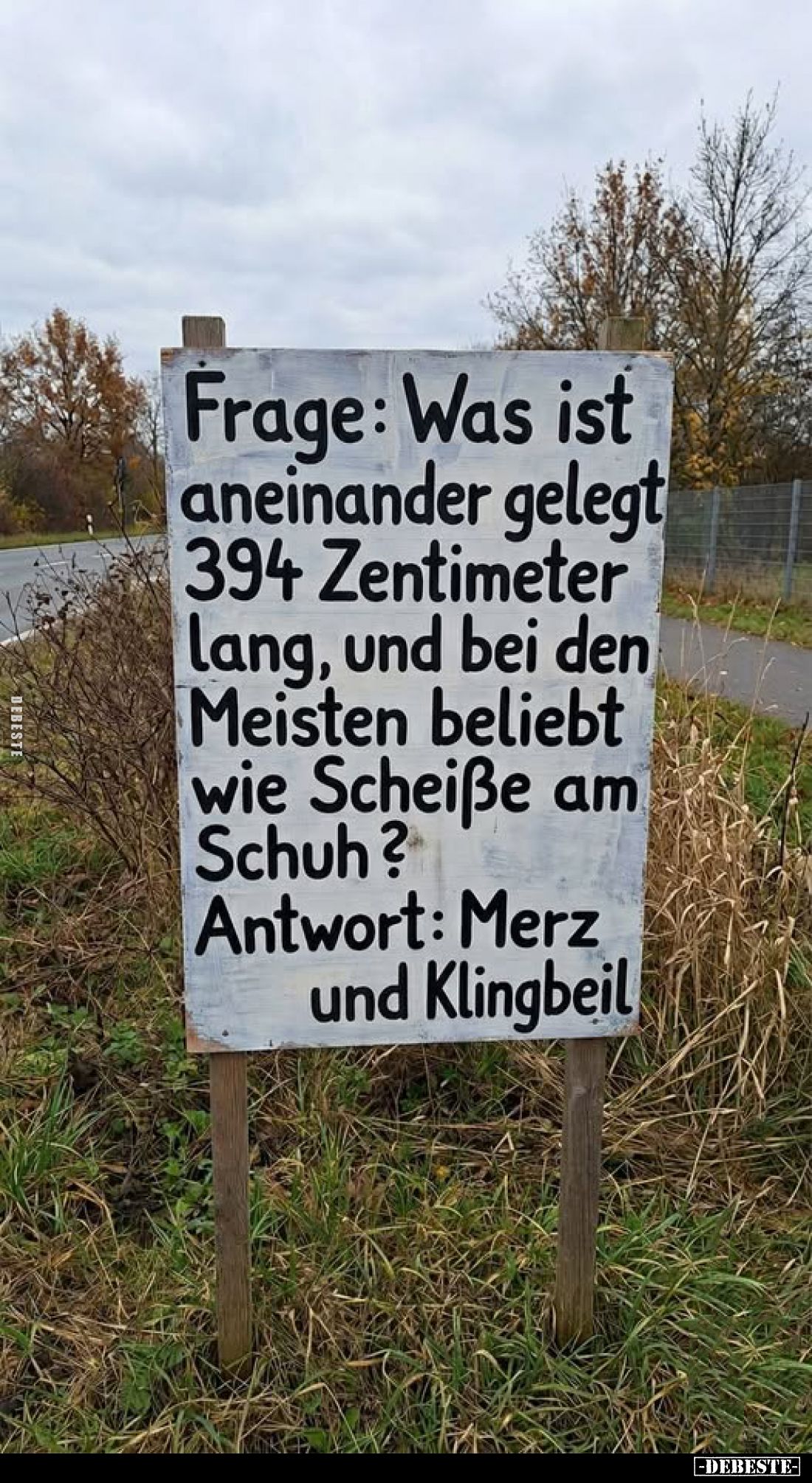 Frage: Was ist aneinander gelegt 394 Zentimeter lang, und bei den Meisten beliebt wie Scheiße am Schuh?
Antwort: Merz und Kl...