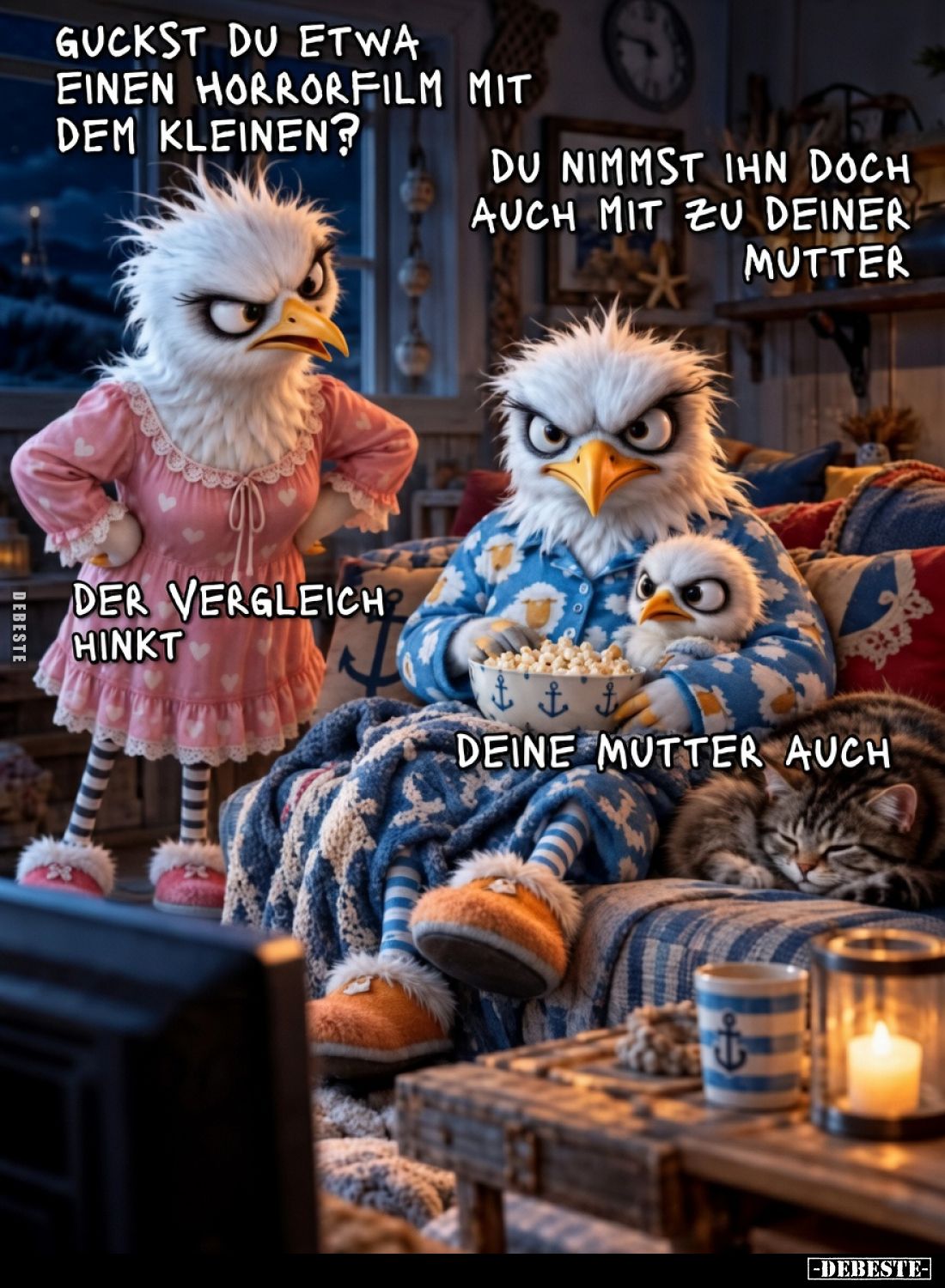 Guckst du etwa einen Horrorfilm mit dem Kleinen?



Du nimmst ihn doch auch mit zu deiner Mutter.



Der Vergleich hi...