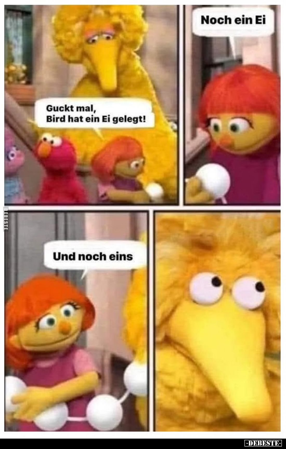 Guckt mal, Bird hat ein Ei gelegt! - Noch ein Ei. - Und noch eins.