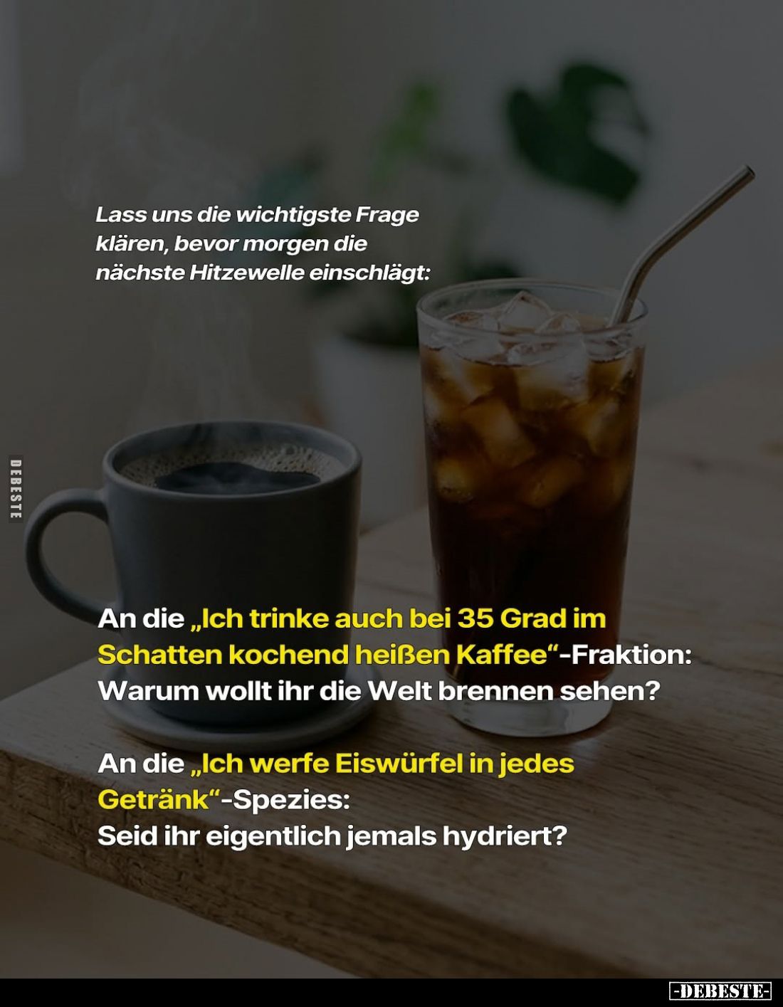 Lass uns die wichtigste Frage klären, bevor morgen die nächste Hitzewelle einschlägt: -
An die "Ich trinke auch bei 35 ...