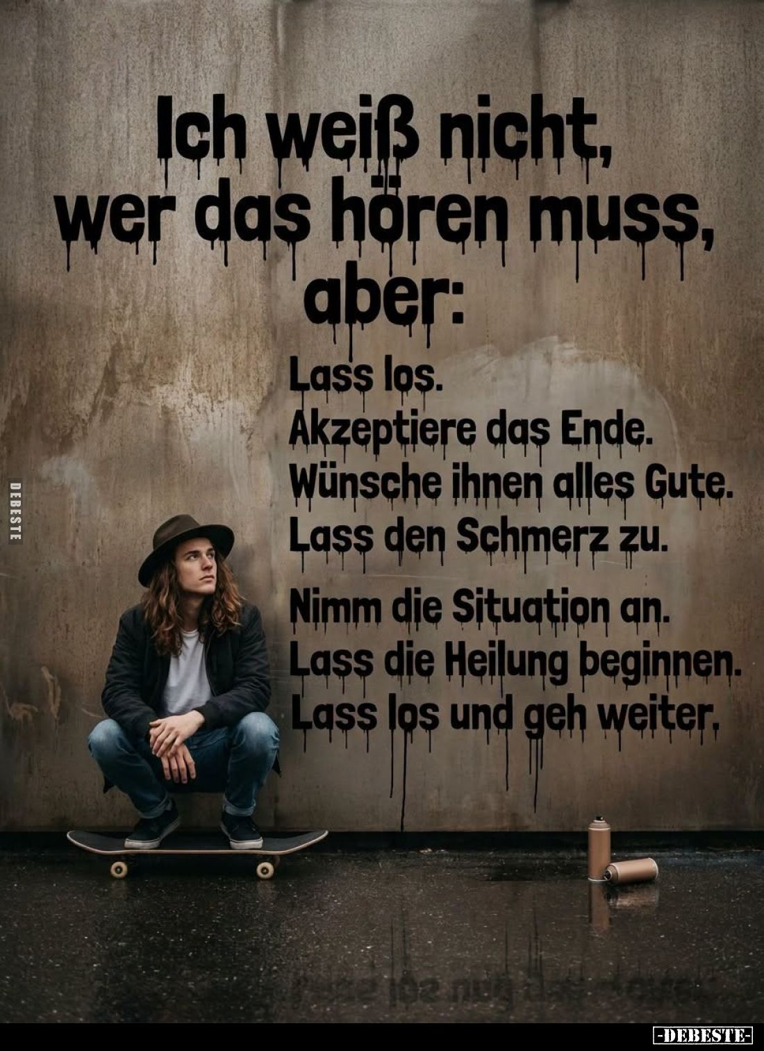 Ich weiß nicht,
wer das hören muss,
aber:
Lass los.
Akzeptiere das Ende.
Wünsche ihnen alles Gute.
Lass den Schmerz z...