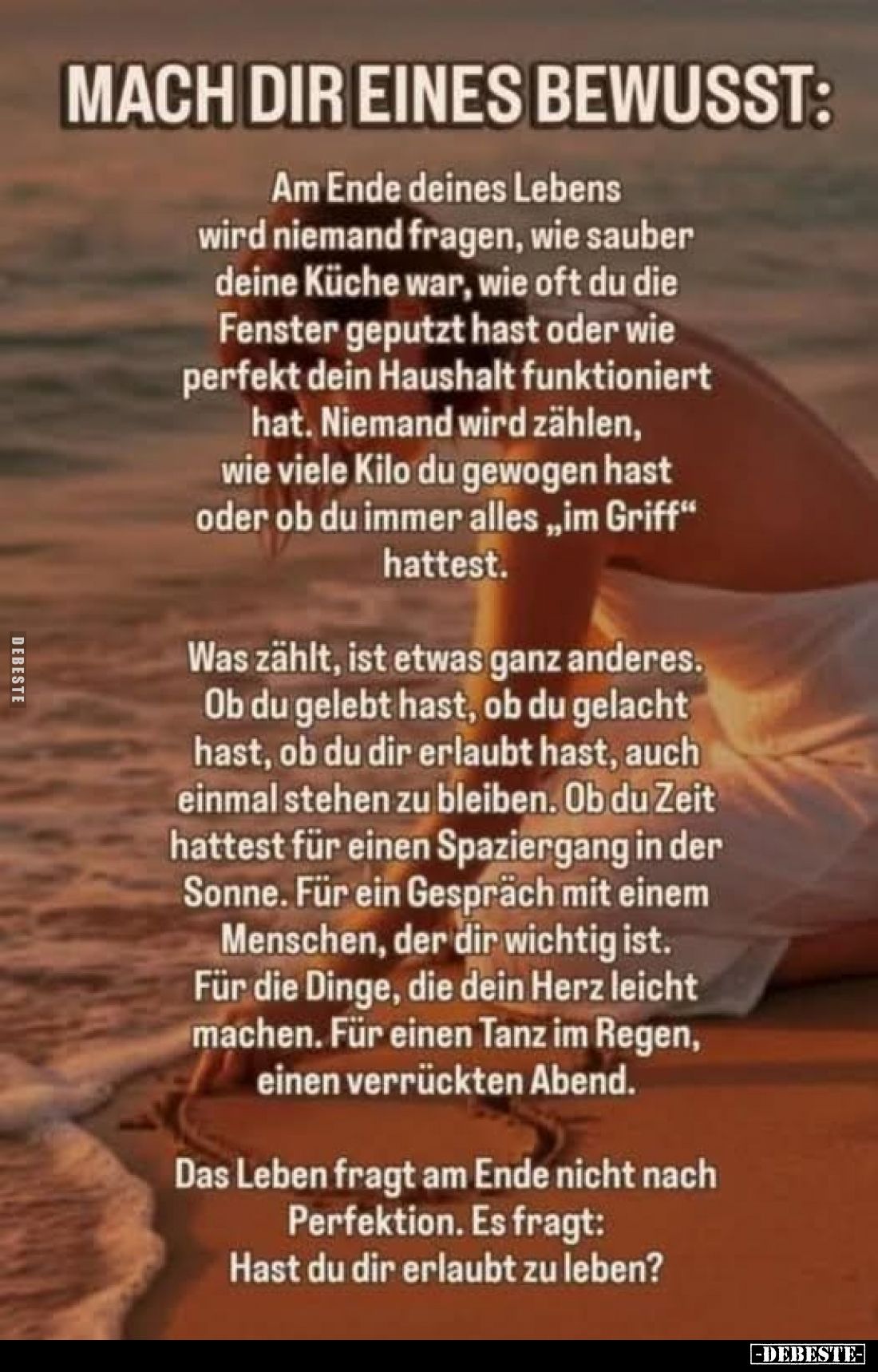 MACH DIR EINES BEWUSST:
Am Ende deines Lebens wird niemand fragen, wie sauber deine Küche war, wie oft du die Fenster geputz...
