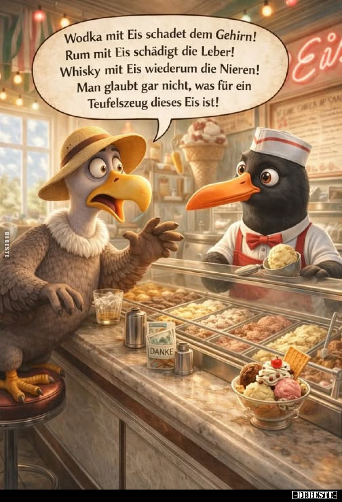 Wodka mit Eis schadet dem Gehirn!
Rum mit Eis schädigt die Leber! Whisky mit Eis wiederum die Nieren! Man glaubt gar nicht, ...