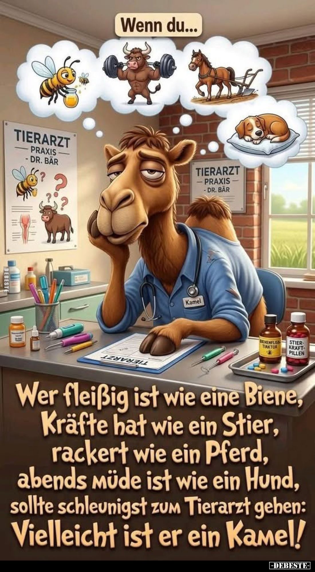 Wer fleißig ist wie eine Biene,
Kräfte hat wie ein Stier,
rackert wie ein Pferd,
abends müde ist wie ein Hund,
sollte sch...