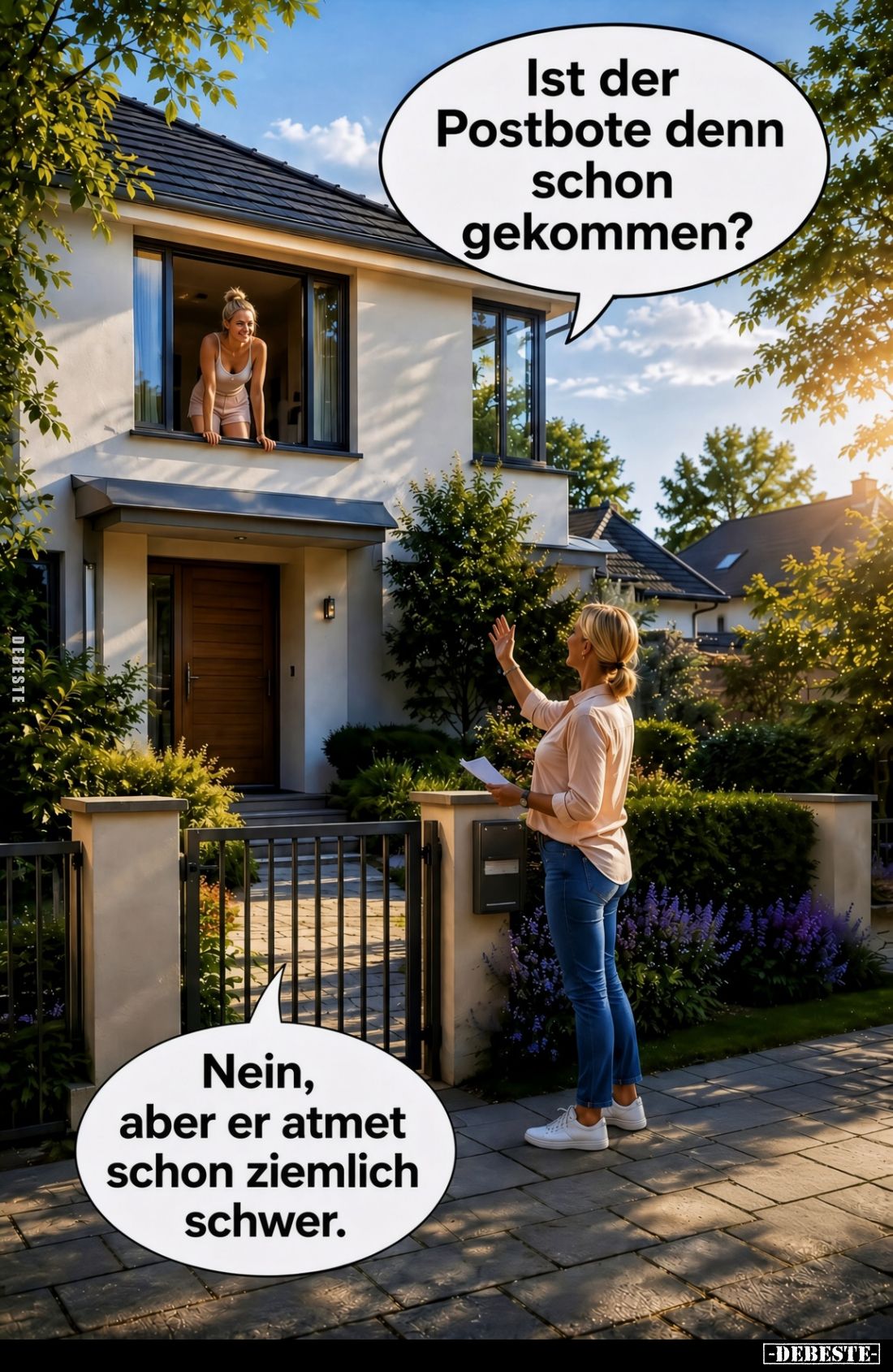 Ist der Postbote denn schon gekommen? -
Nein, aber er atmet schon ziemlich schwer.