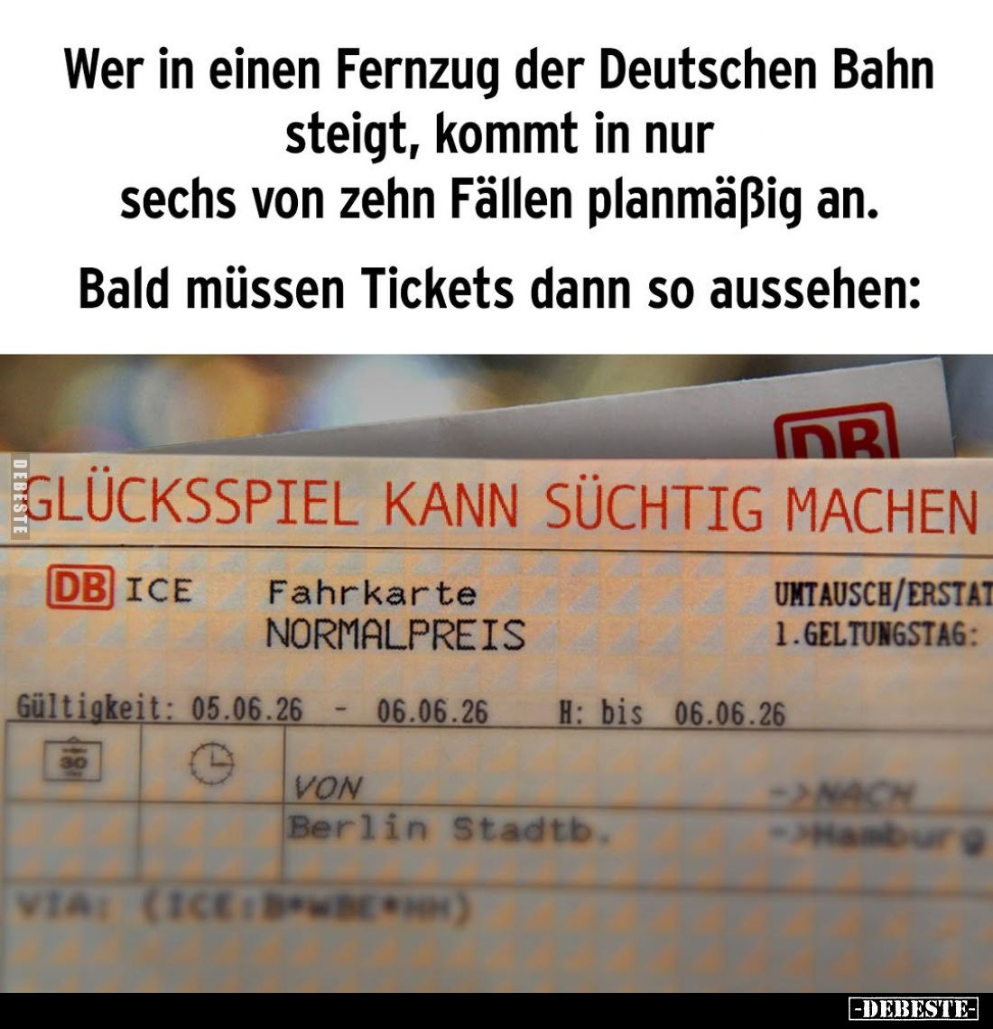 Wer in einen Fernzug der Deutschen Bahn steigt, kommt in nur sechs von zehn Fällen planmäßig an.
Bald müssen Tickets dann so...