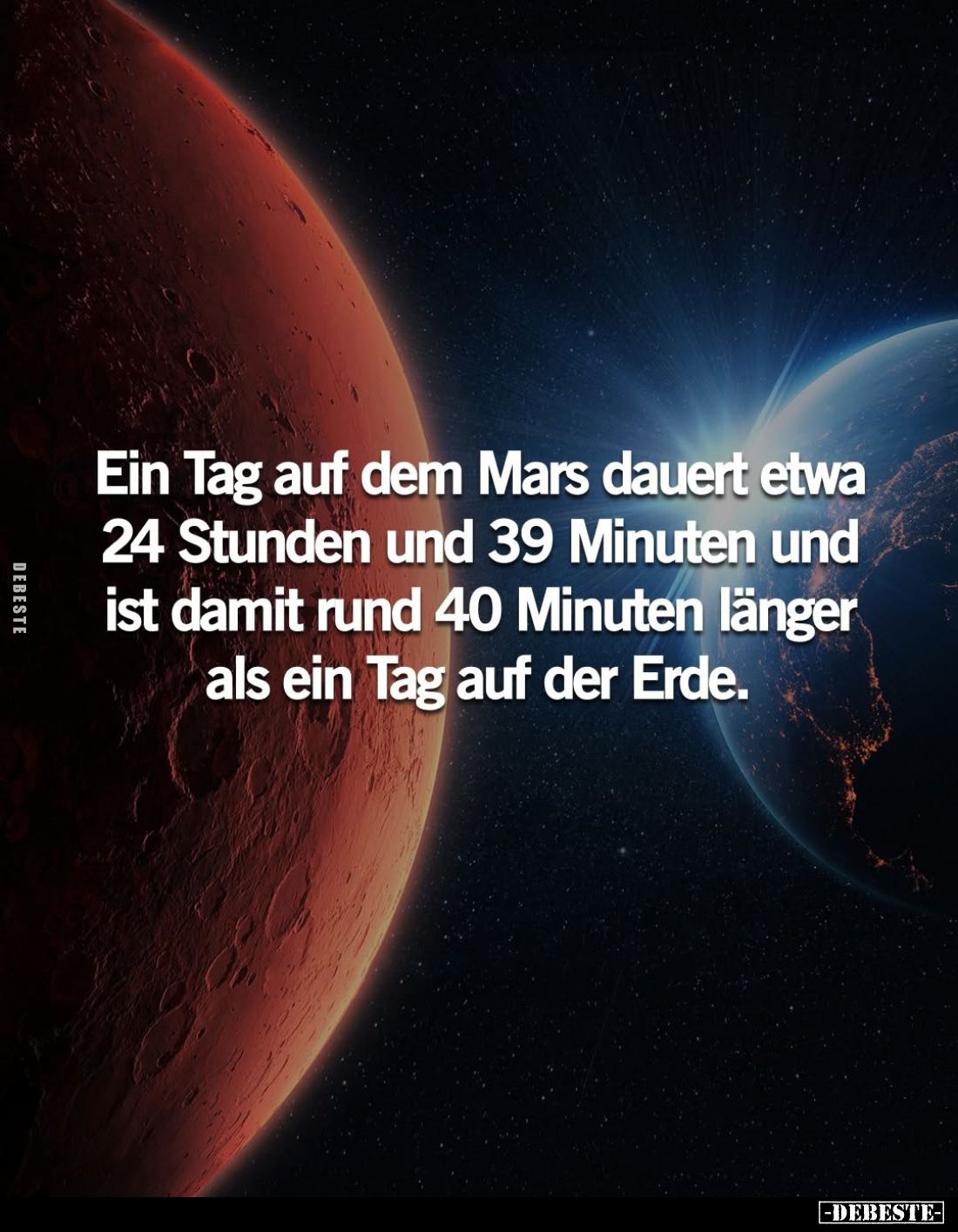 Ein Tag auf dem Mars dauert etwa 24 Stunden und 39 Minuten und ist damit rund 40 Minuten länger als ein Tag auf der Erde.