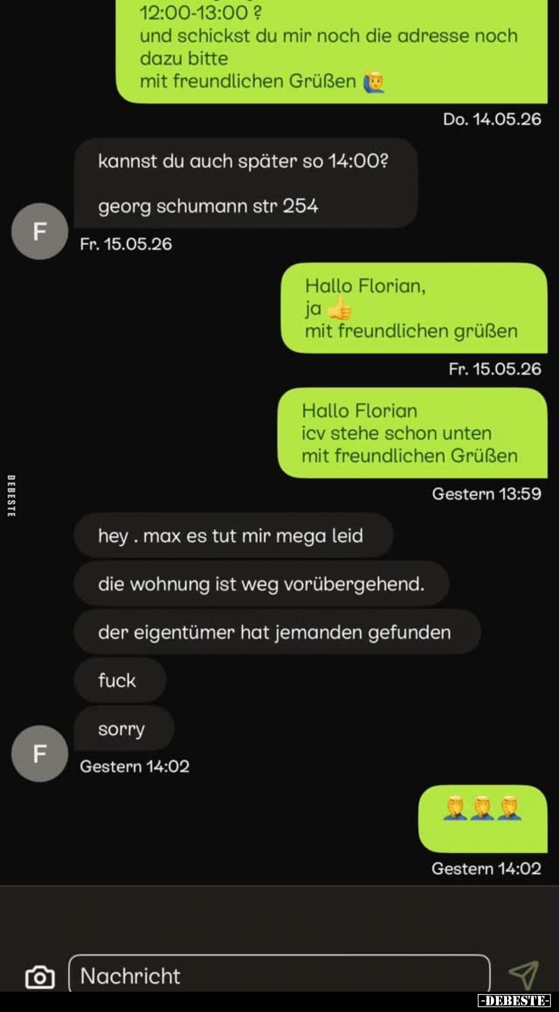 12:00-13:00?
Und schickst du mir noch die Adresse noch dazu bitte mit freundlichen Grüßen -
Kannst du auch später so 14:00?...