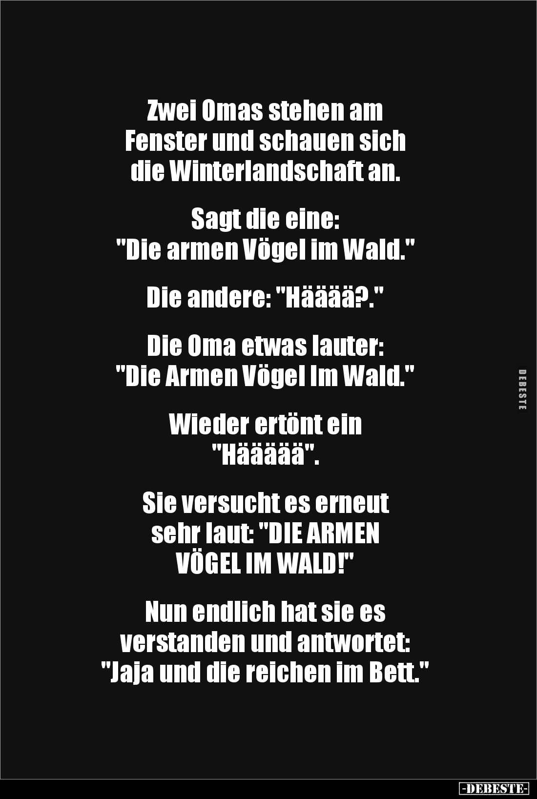 Zwei Omas stehen am
Fenster und schauen sich
die Winterlandschaft an.
Sagt die eine:
"Die armen Vögel im Wal...