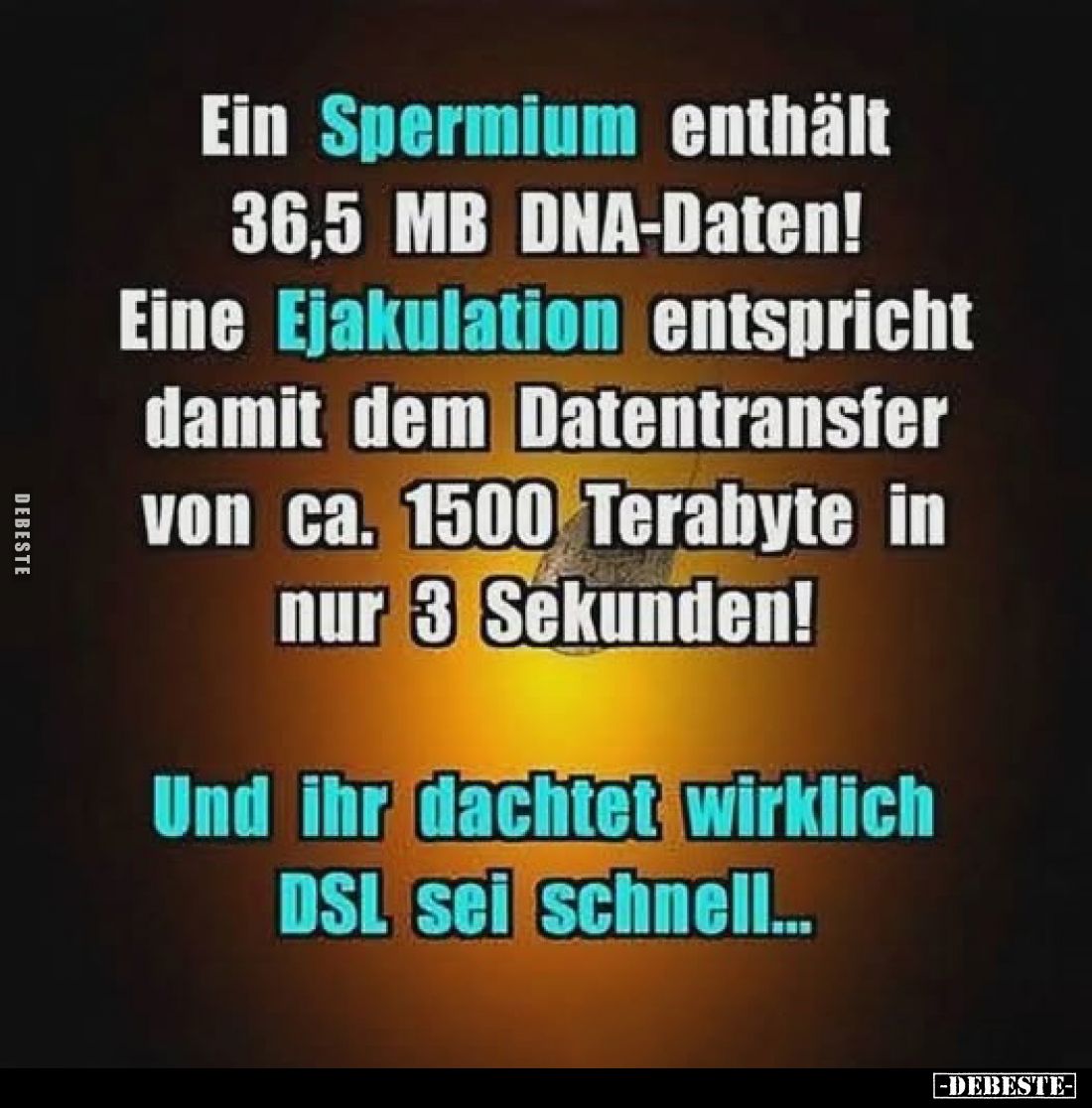 Ein Spermium enthält 36,5 MB DNA-Daten!
Eine Ejakulation entspricht damit dem Datentransfer von ca. 1500 Terabyte in nur 3 S...