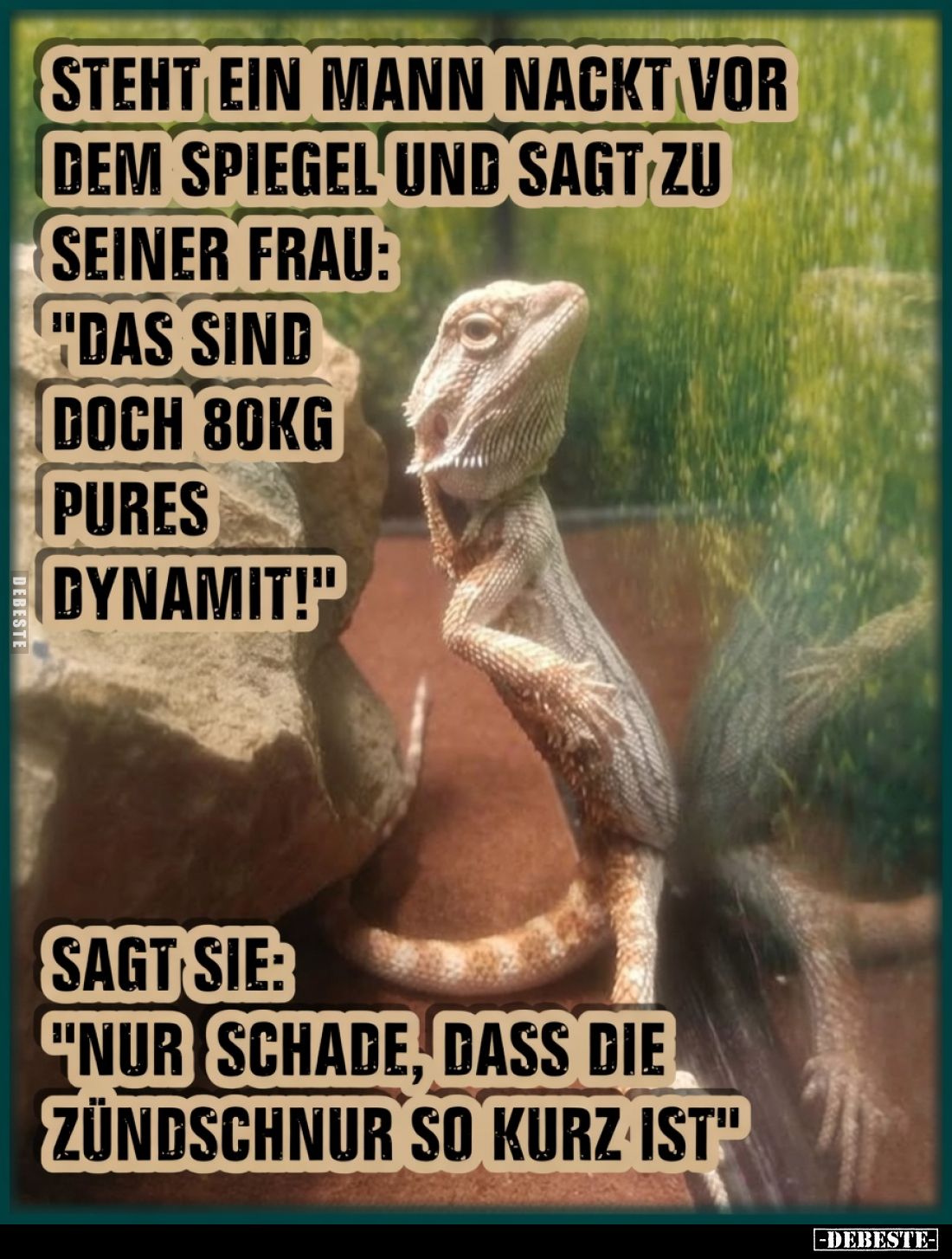 Steht ein Mann nackt vor dem Spiegel und sagt zu seiner Frau:

"Das sind doch 80kg pures Dynamit!"

Sagt sie:
...