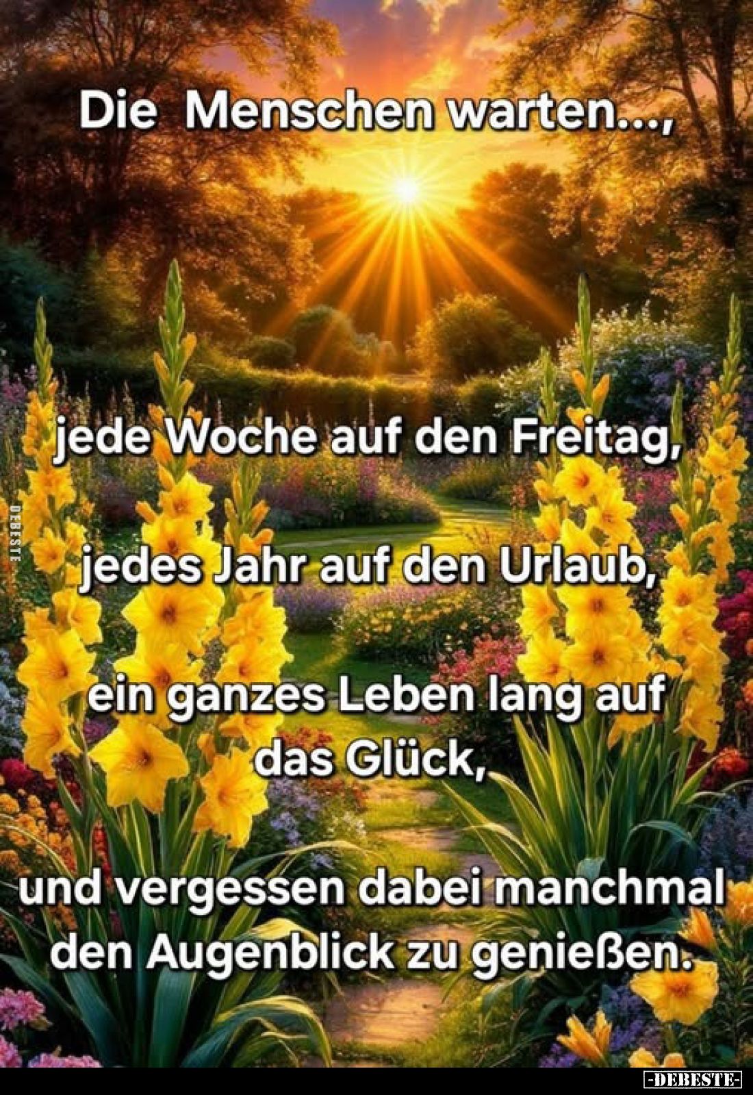 Die Menschen warten...,
jede Woche auf den Freitag, jedes Jahr auf den Urlaub, ein ganzes Leben lang auf das Glück, und verg...