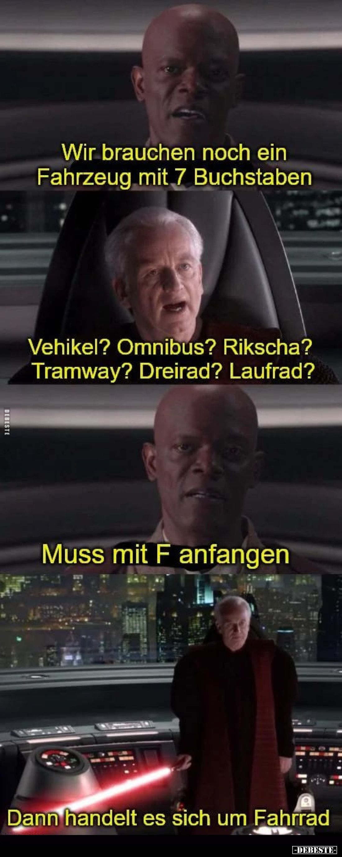 Wir brauchen noch ein Fahrzeug mit 7 Buchstaben.

Vehikel? Omnibus? Rikscha? Tramway? Dreirad? Laufrad?

Muss mit F anfan...