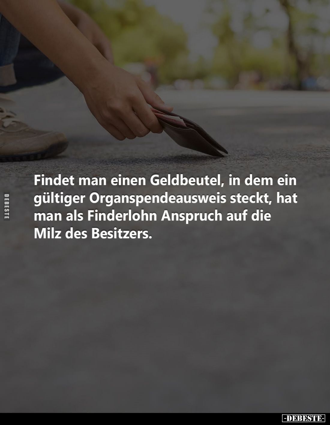 Findet man einen Geldbeutel, in dem ein gültiger Organspendeausweis steckt, hat man als Finderlohn Anspruch auf die Milz des ...