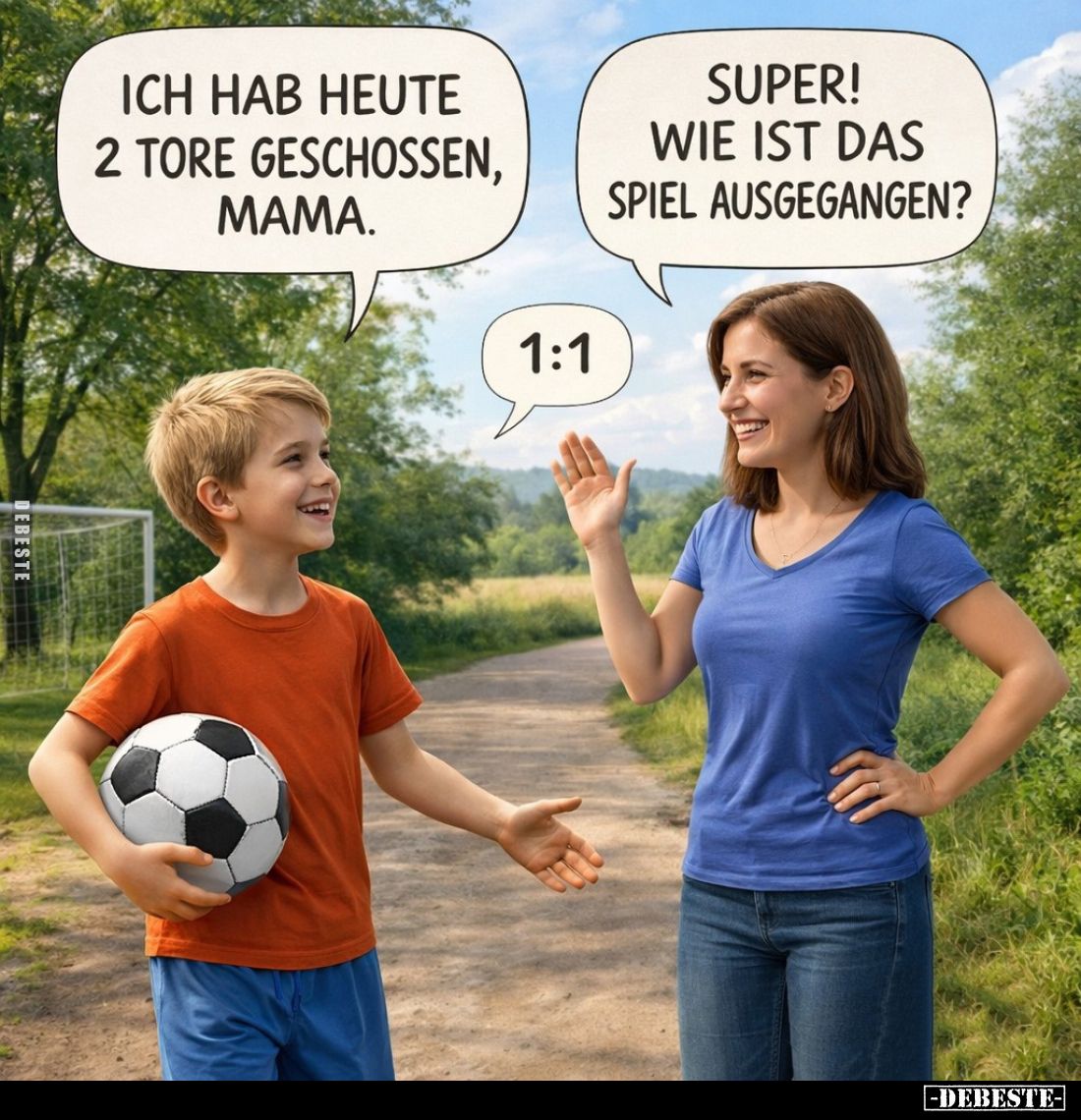 Ich hab heute 2 Tore geschossen, Mama.
- Super! Wie ist das Spiel ausgegangen?
