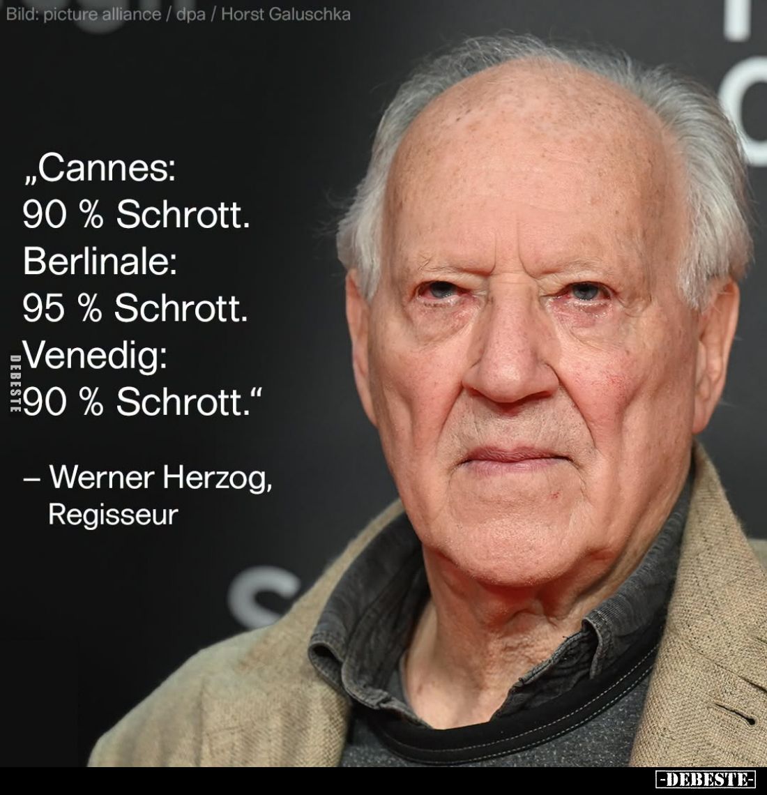 „Cannes: 90 % Schrott. Berlinale: 95 % Schrott. Venedig: 90 % Schrott.“
– Werner Herzog, Regisseur