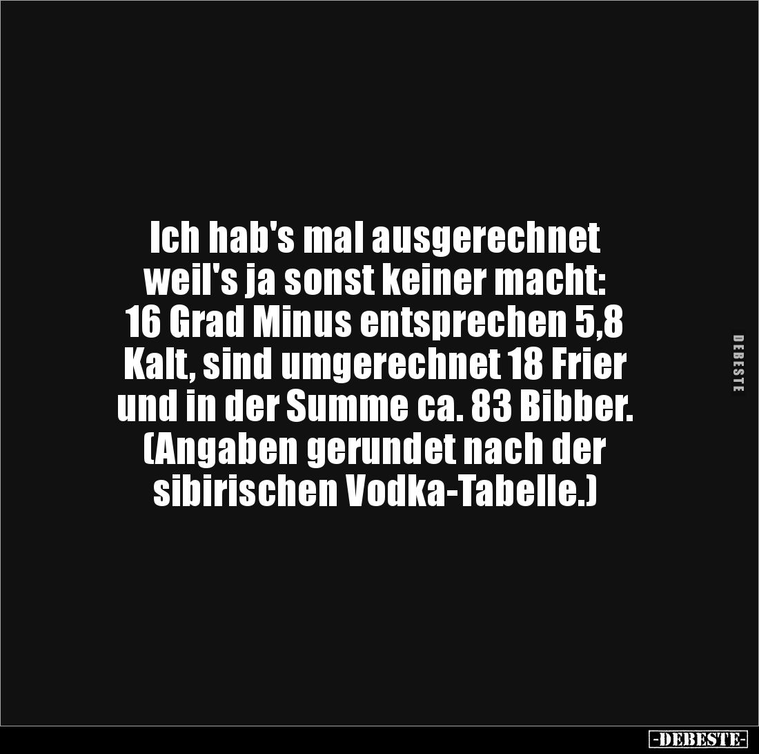 Ich hab's mal ausgerechnet 
weil's ja sonst keiner macht: 
16 Grad Minus entsprechen 5,8 
Kalt, sind umgerechnet 18 Frier ...