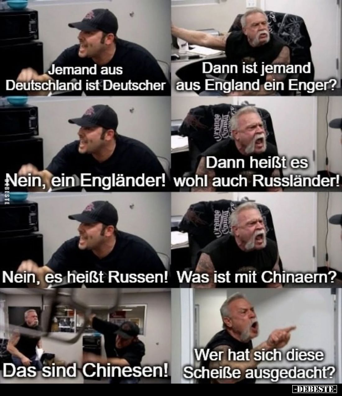 Jemand aus Deutschland ist Deutscher. -
Dann ist jemand aus England ein Enger? -
Nein, ein Engländer! -
Dann heißt es wohl...