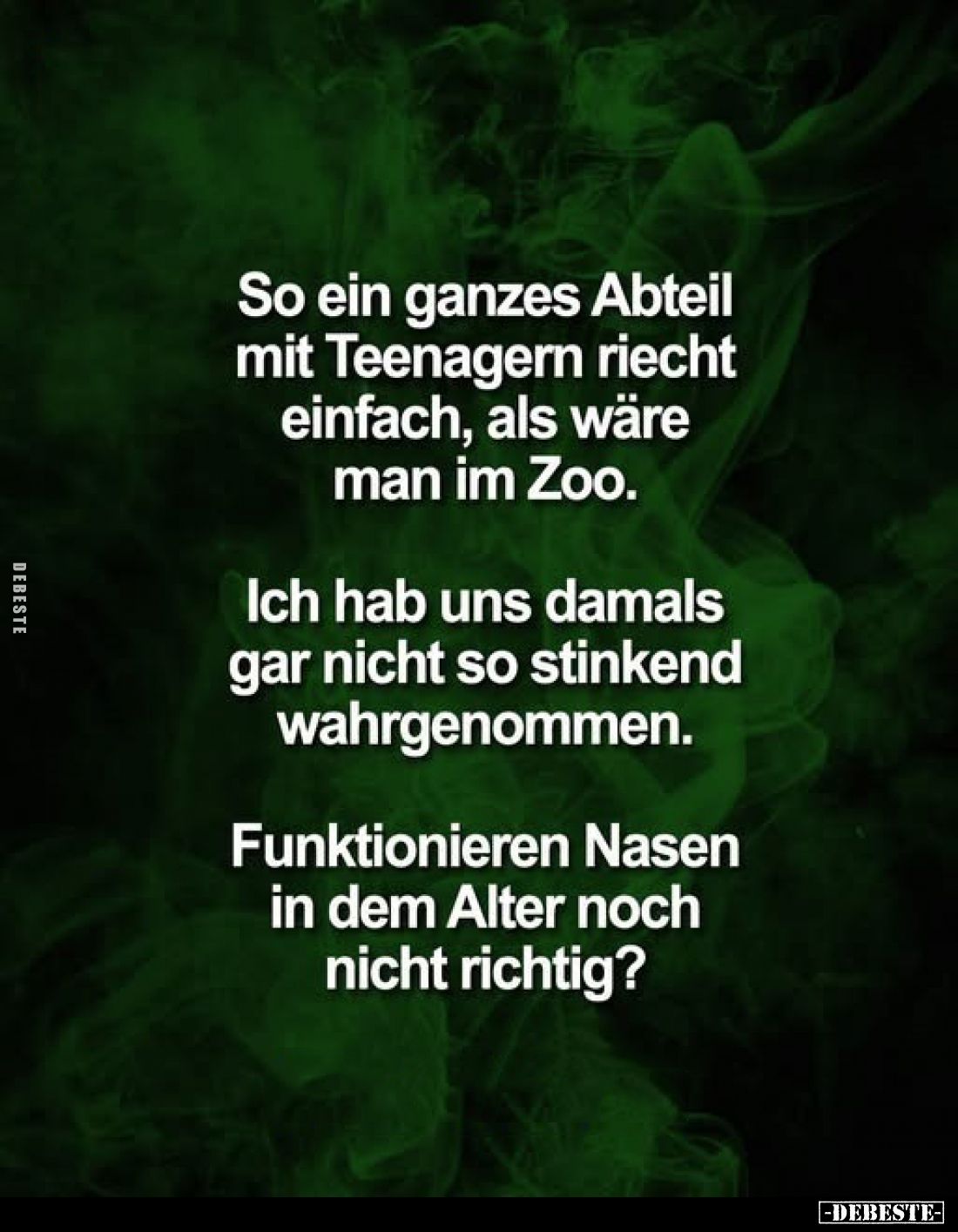 So ein ganzes Abteil mit Teenagern riecht einfach, als wäre man im Zoo.
Ich hab uns damals gar nicht so stinkend wahrgenom...